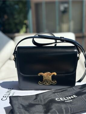Celine Black Leather Triomphe Crossbody with Gold Hardware